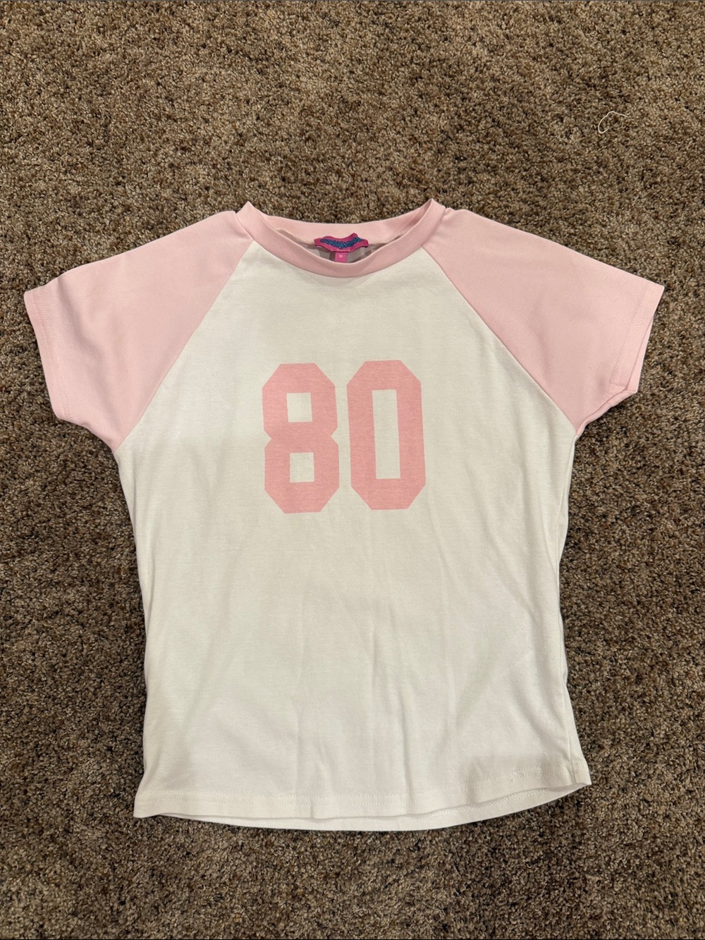Edikted White Tee with Light Pink Raglan Sleeves and '80' Graphic